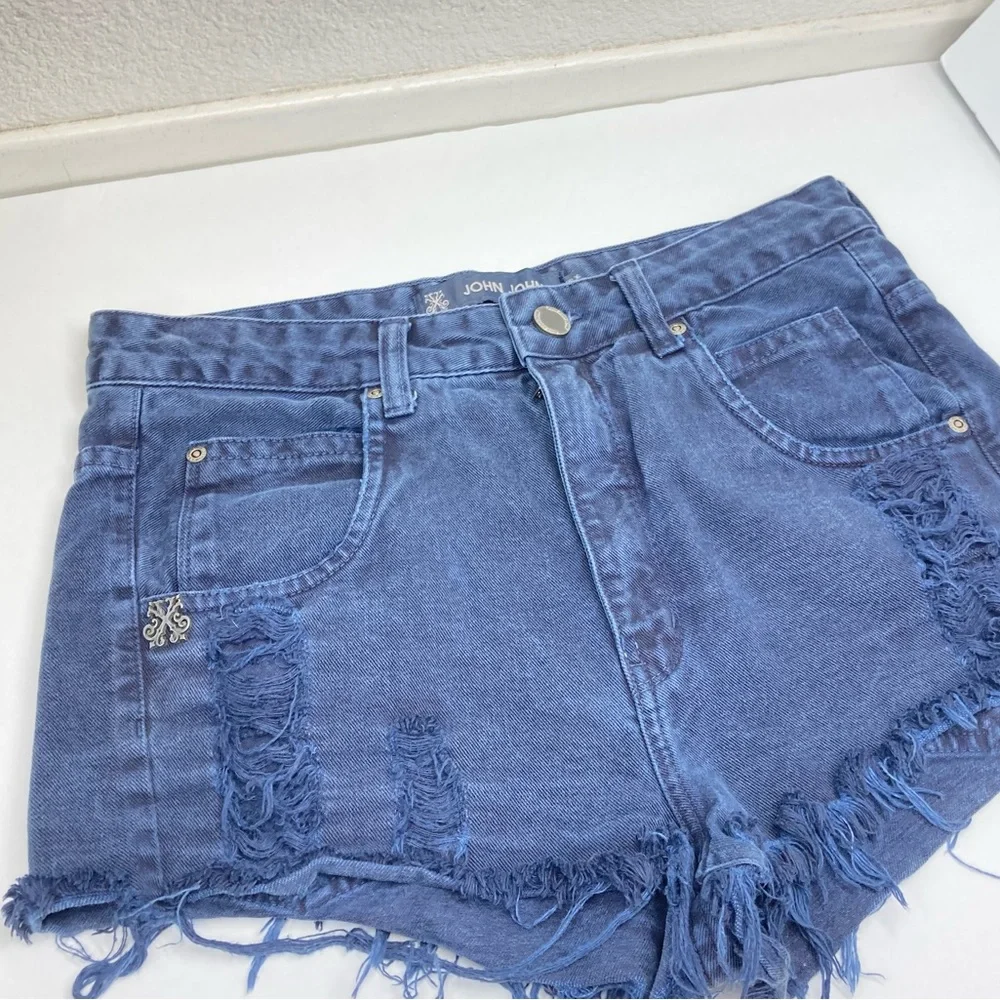 John John High Rise Distressed Shorts 26 Blue Raw Hem Cotton Brazilian - Picture 2 of 10